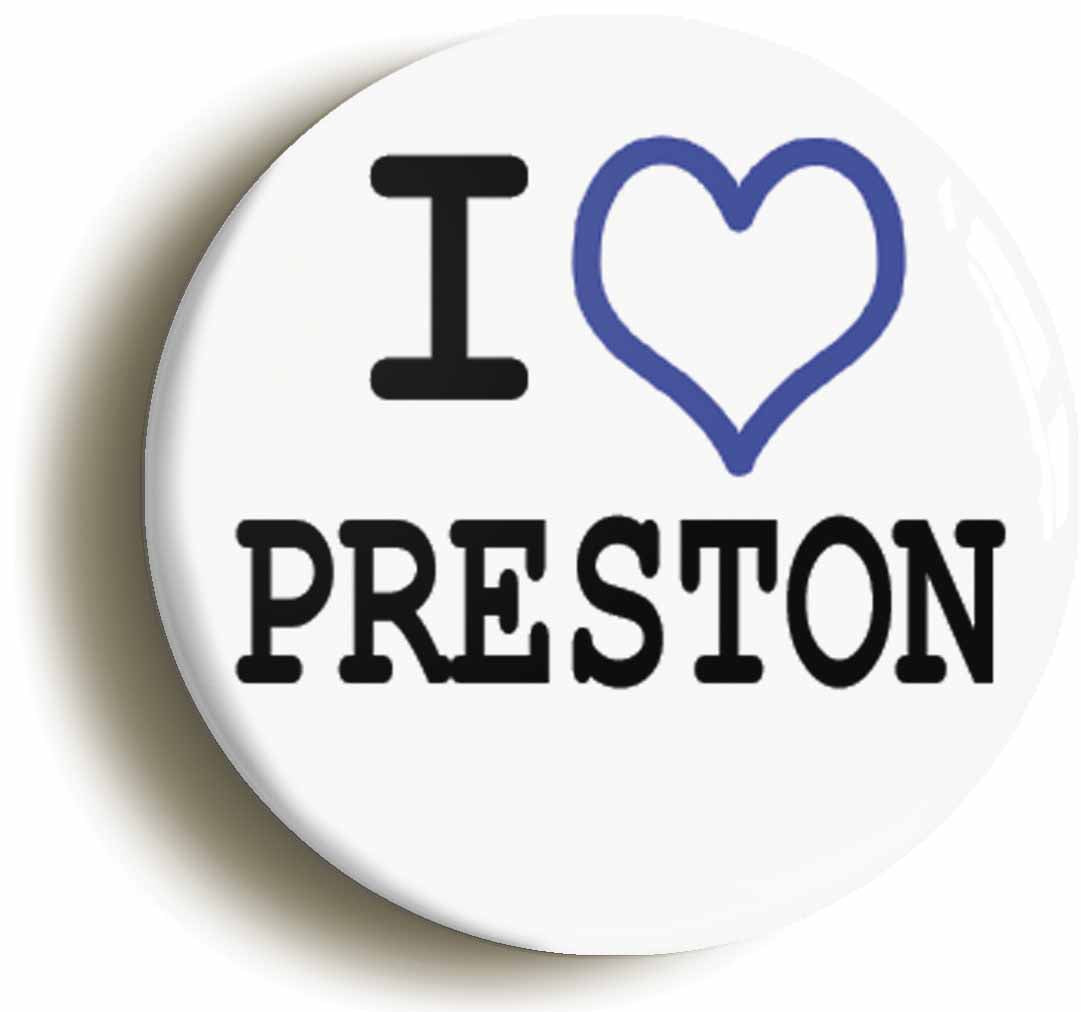 A picture of the front of the product, titled I Heart Love Preston Button Pin Badge