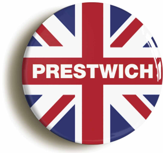 A picture of the front of the product, titled Prestwich Union Jack Circular 50mm Fridge Magnet