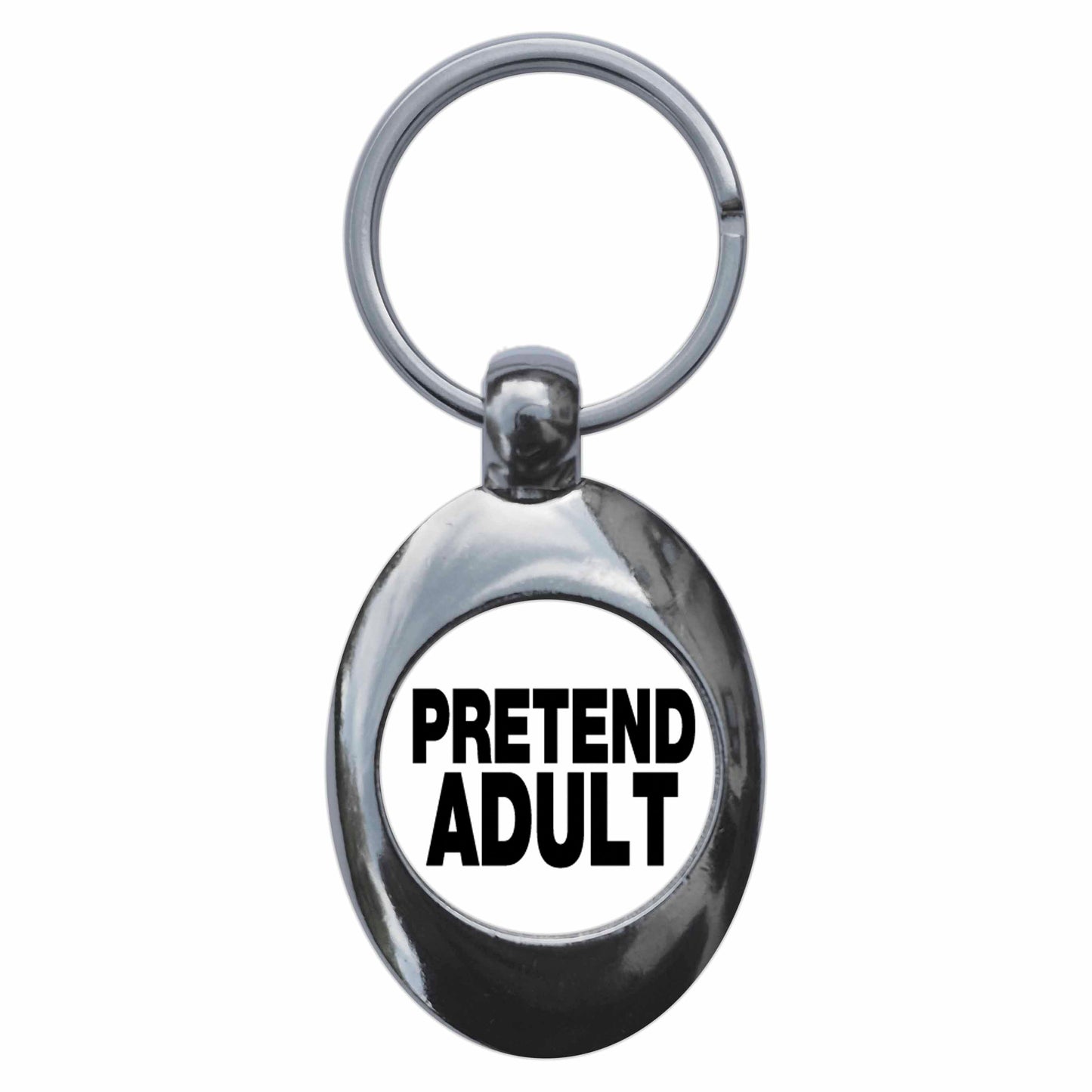 A picture of the front of the product, titled Pretend Adult Metal Keyring With Trolley Coin