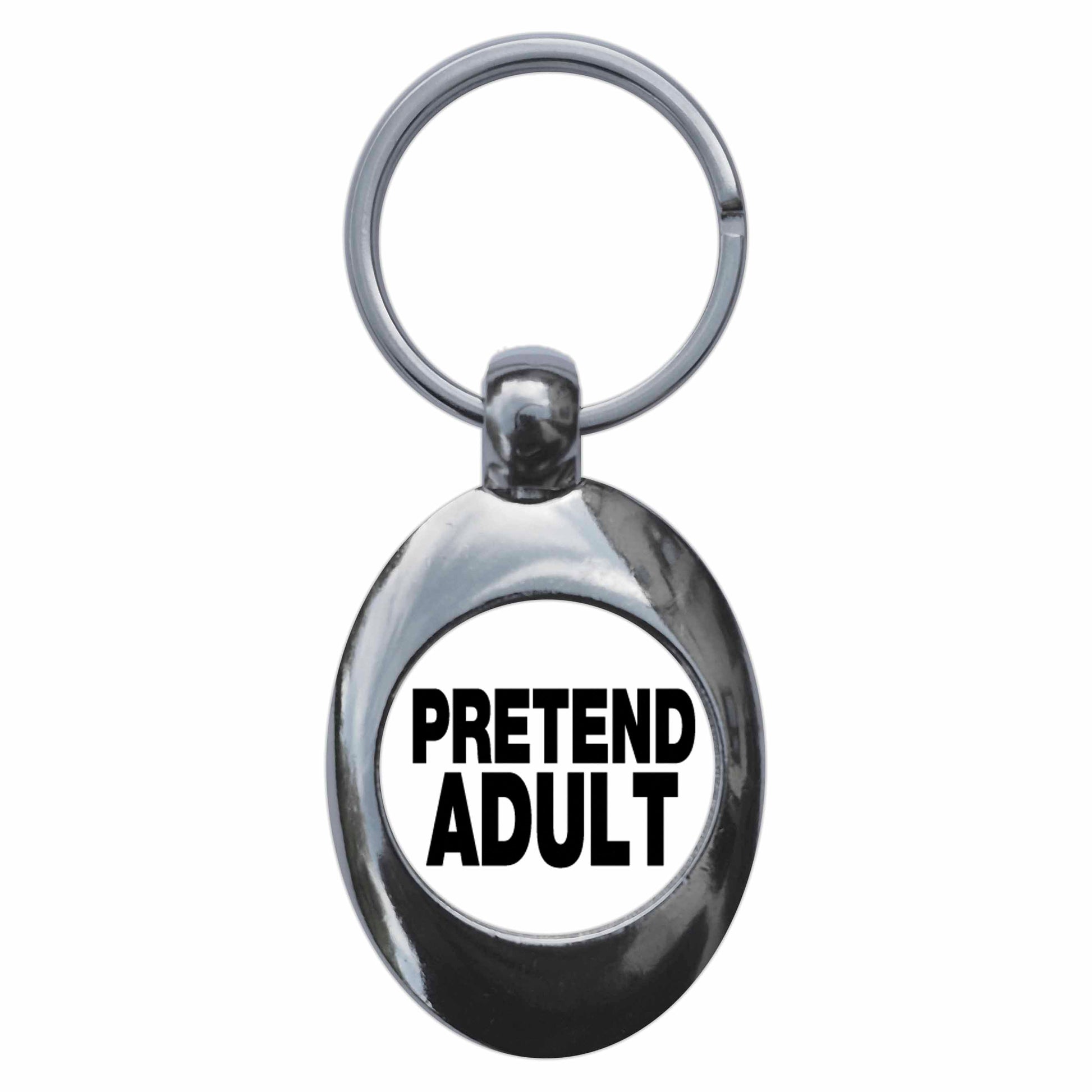 A picture of the front of the product, titled Pretend Adult Funny Metal Keyring With Trolley Coin
