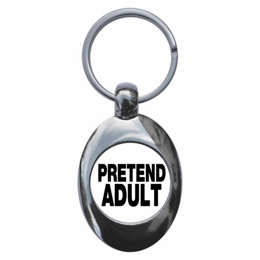 A picture of the front of the product, titled Pretend Adult Funny Metal Keyring With Trolley Coin