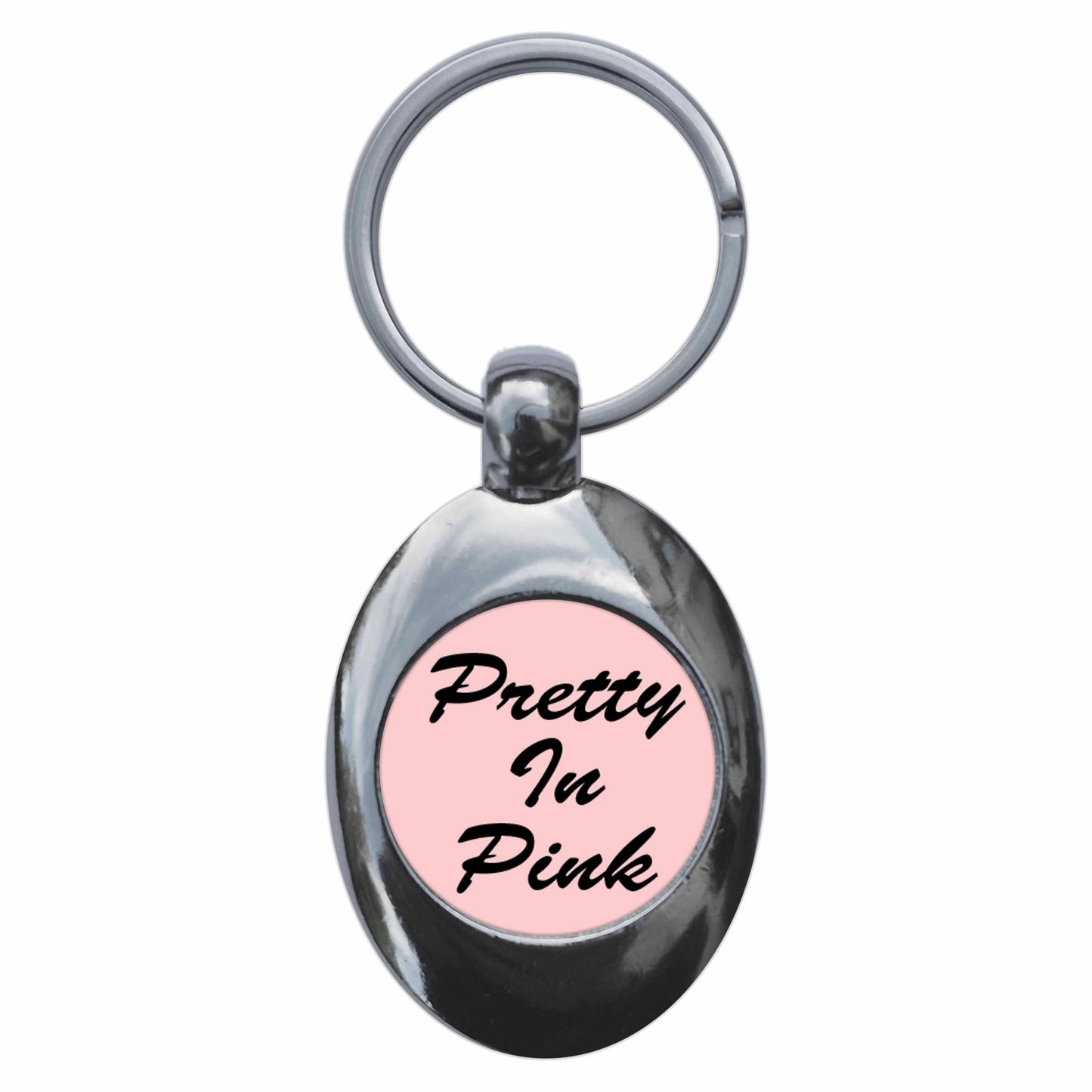 A picture of the front of the product, titled Pretty In Pink Metal Keyring With Trolley Coin