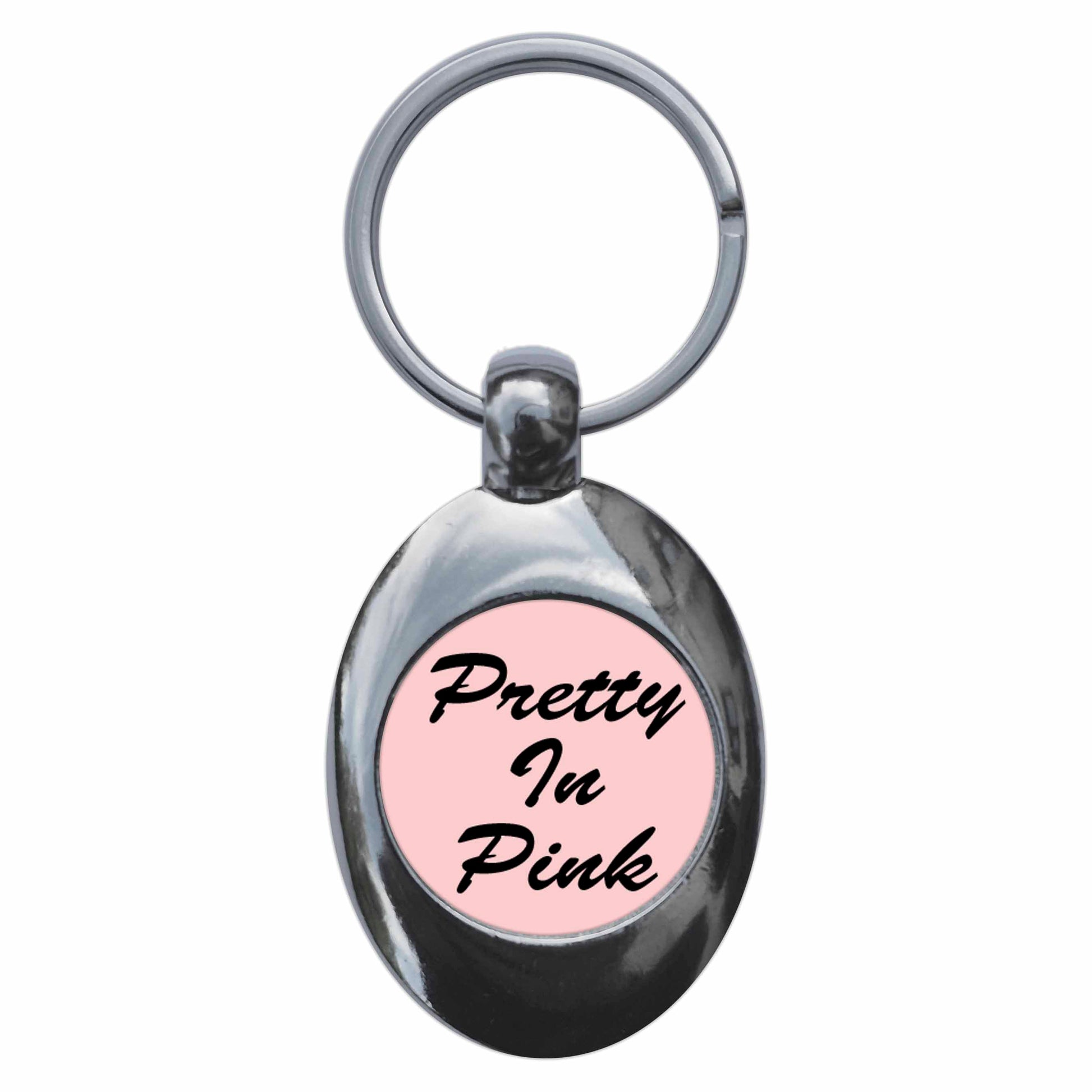A picture of the front of the product, titled Pretty In Pink Metal Keyring With Trolley Coin