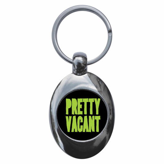 A picture of the front of the product, titled Pretty Vacant Punk Metal Keyring With Trolley Coin
