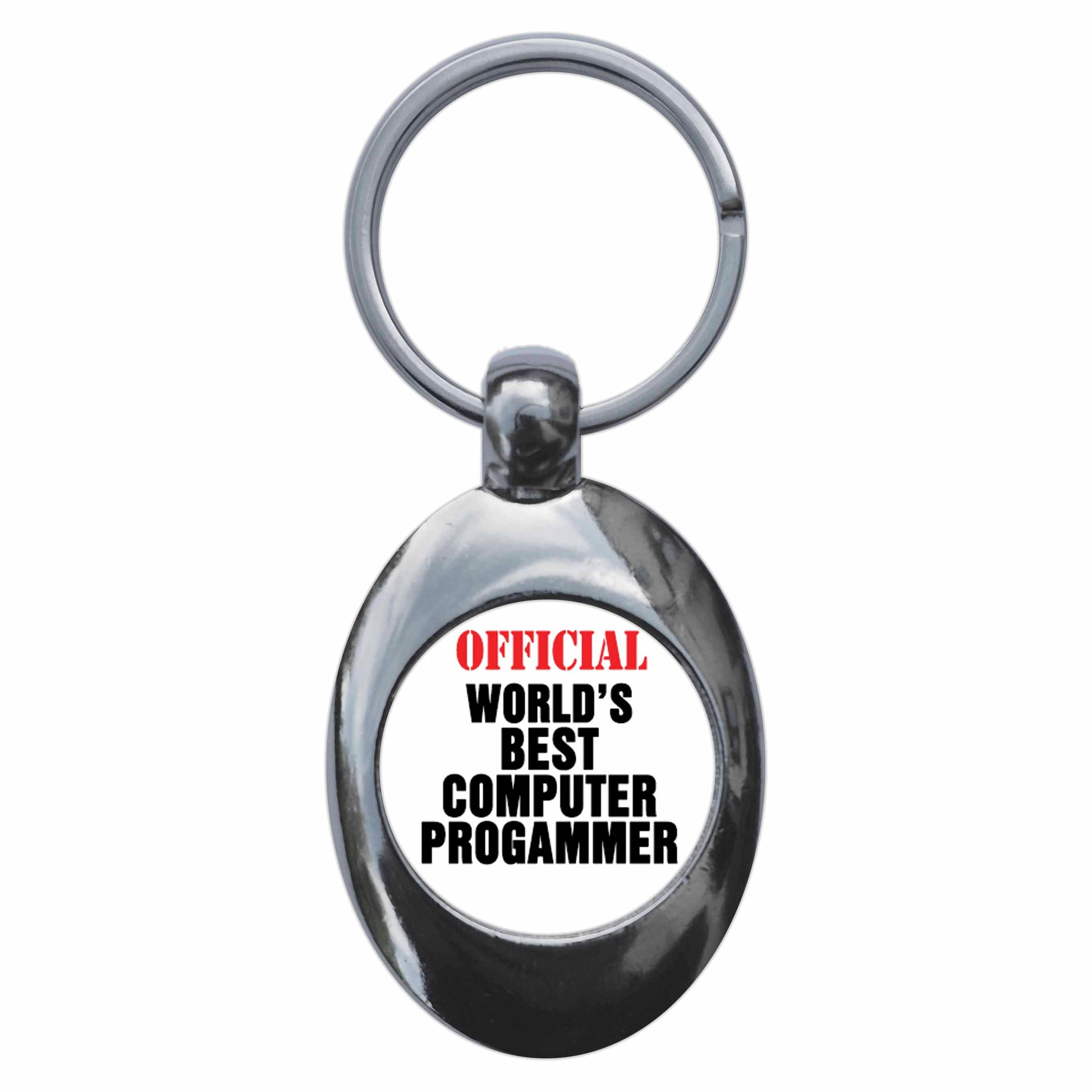 A picture of the front of the product, titled Official World's Best Computer Programmer Metal Keyring With Trolley Coin