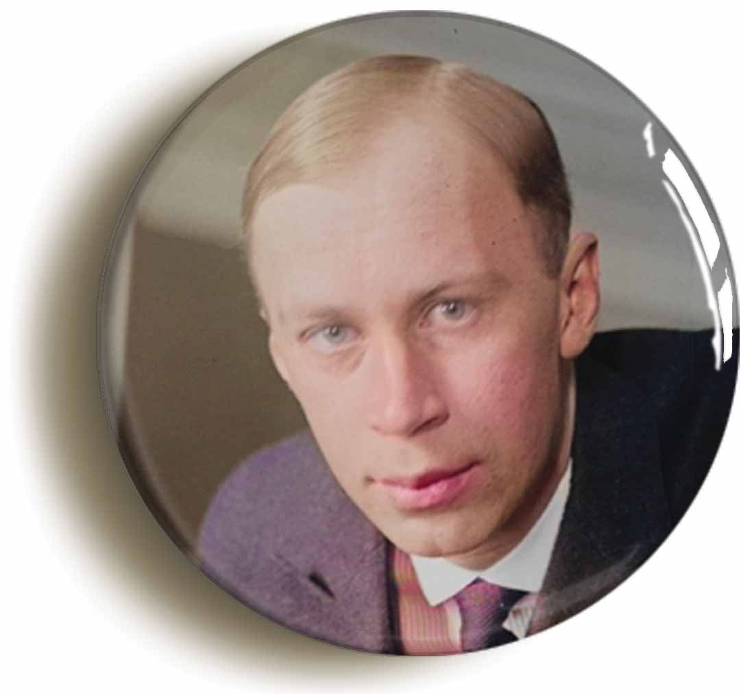 A picture of the front of the product, titled Sergei Prokofiev Classical Music Button Pin Badge