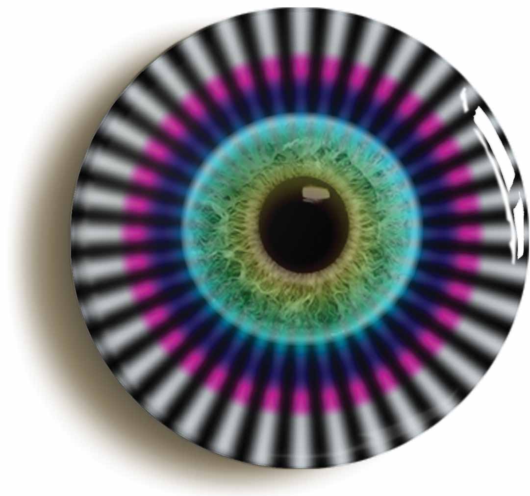 A picture of the front of the product, titled Psychedelic Eyeball Sixties Hippie LSD Button Pin Badge