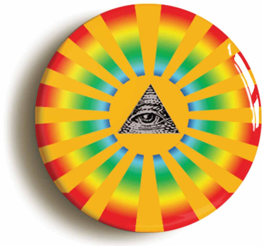 A picture of the front of the product, titled Psychedelic Sun Button Pin Badge