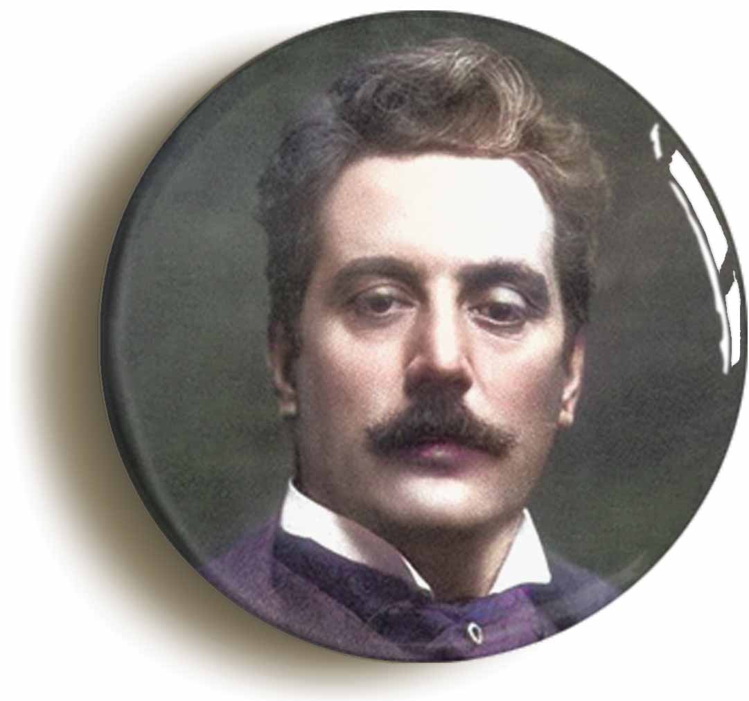 A picture of the front of the product, titled Giacomo Puccini Operatic Classical Music Button Pin Badge