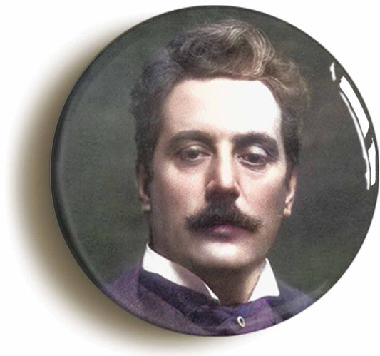 A picture of the front of the product, titled Giacomo Puccini Operatic Classical Music Button Pin Badge