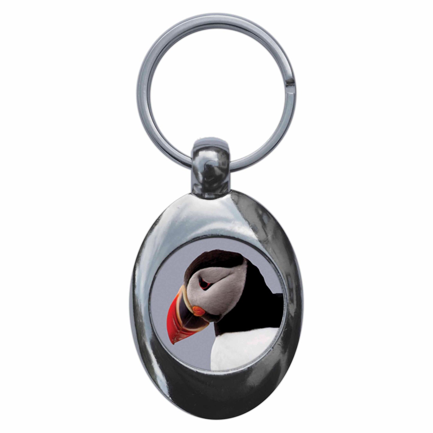 A picture of the front of the product, titled Puffin Metal Keyring With Trolley Coin
