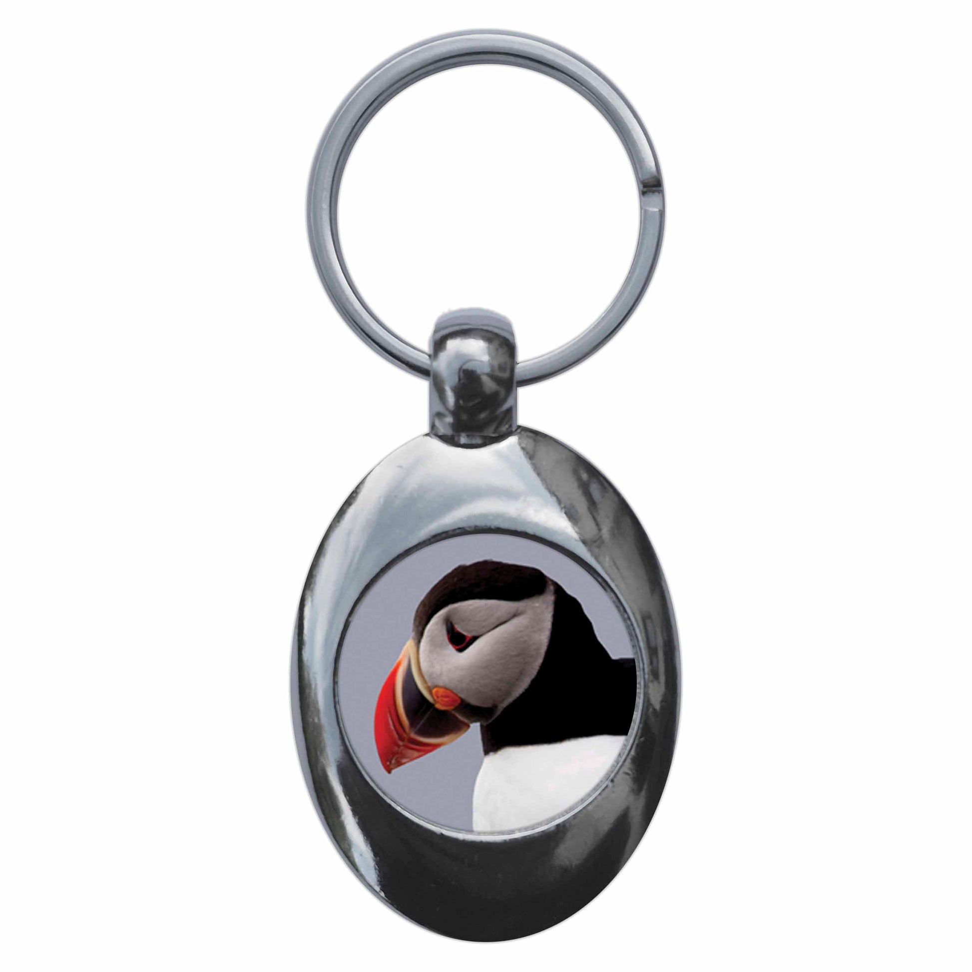 A picture of the front of the product, titled Puffin Metal Keyring With Trolley Coin