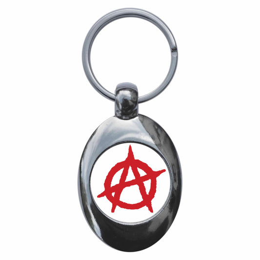 A picture of the front of the product, titled Punk Anarchism Symbol Metal Keyring With Trolley Coin