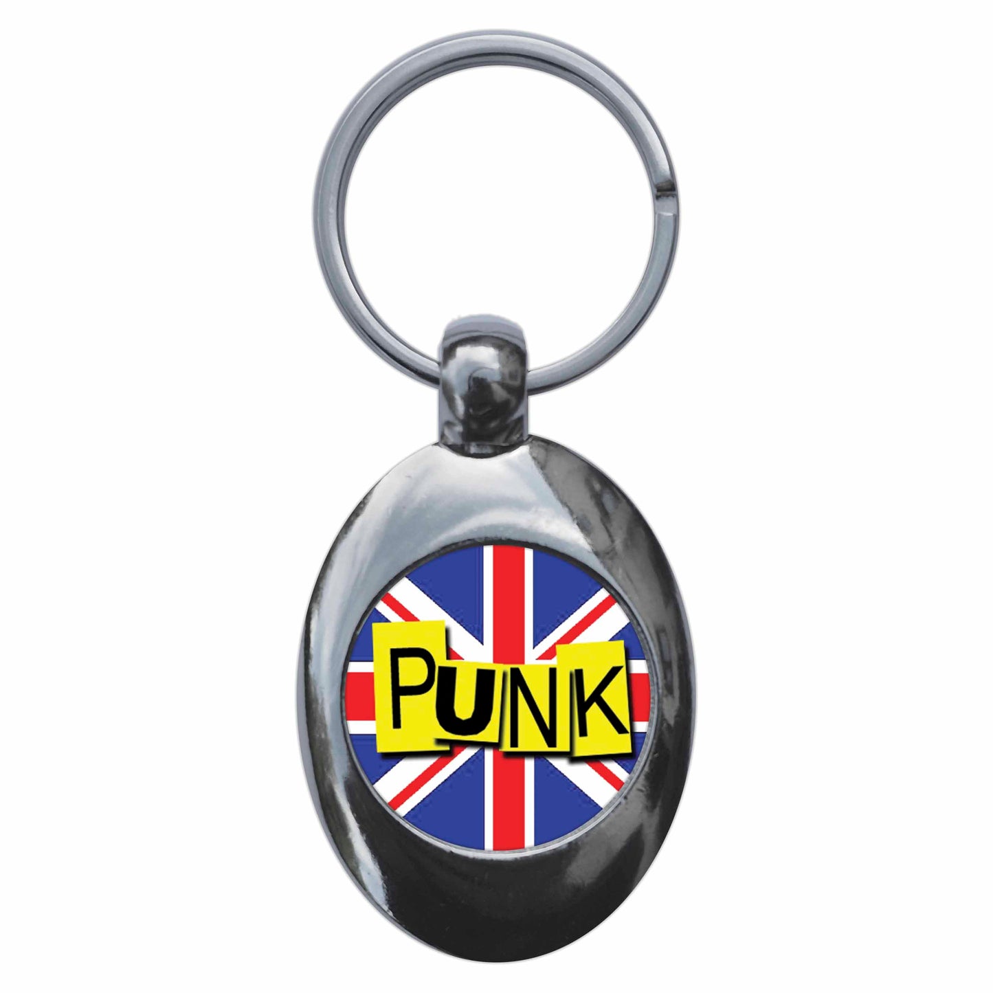 A picture of the front of the product, titled Punk Union Jack Metal Keyring With Trolley Coin