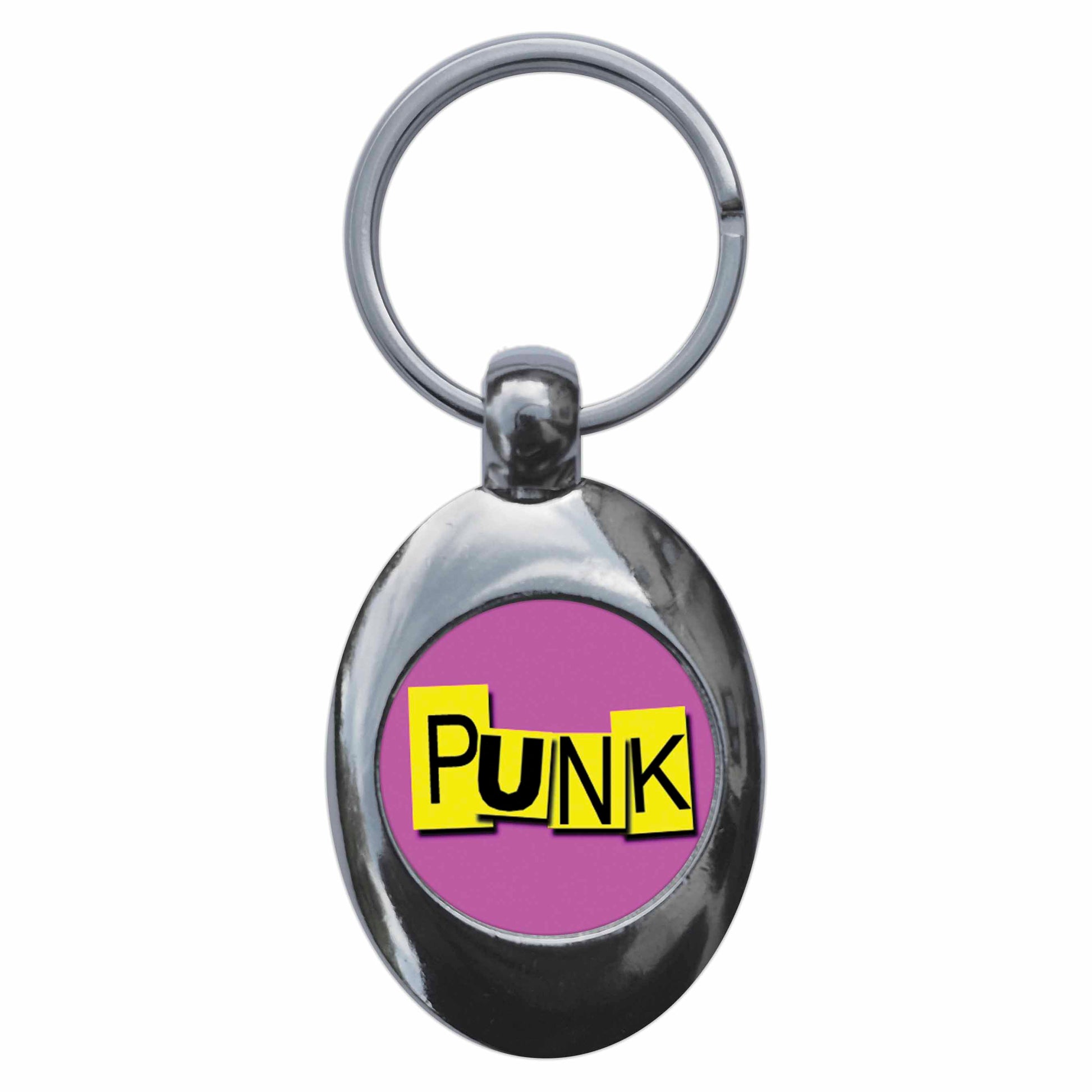A picture of the front of the product, titled Punk Pink Metal Keyring With Trolley Coin