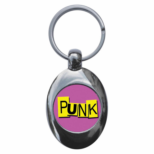 A picture of the front of the product, titled Punk Pink Metal Keyring With Trolley Coin