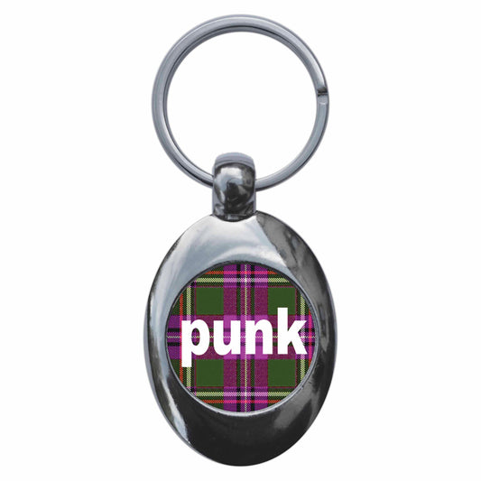 A picture of the front of the product, titled Punk Tartan Metal Keyring With Trolley Coin