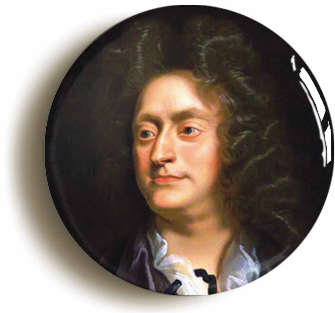 A picture of the front of the product, titled Henry Purcell Baroque Classical Music Button Pin Badge