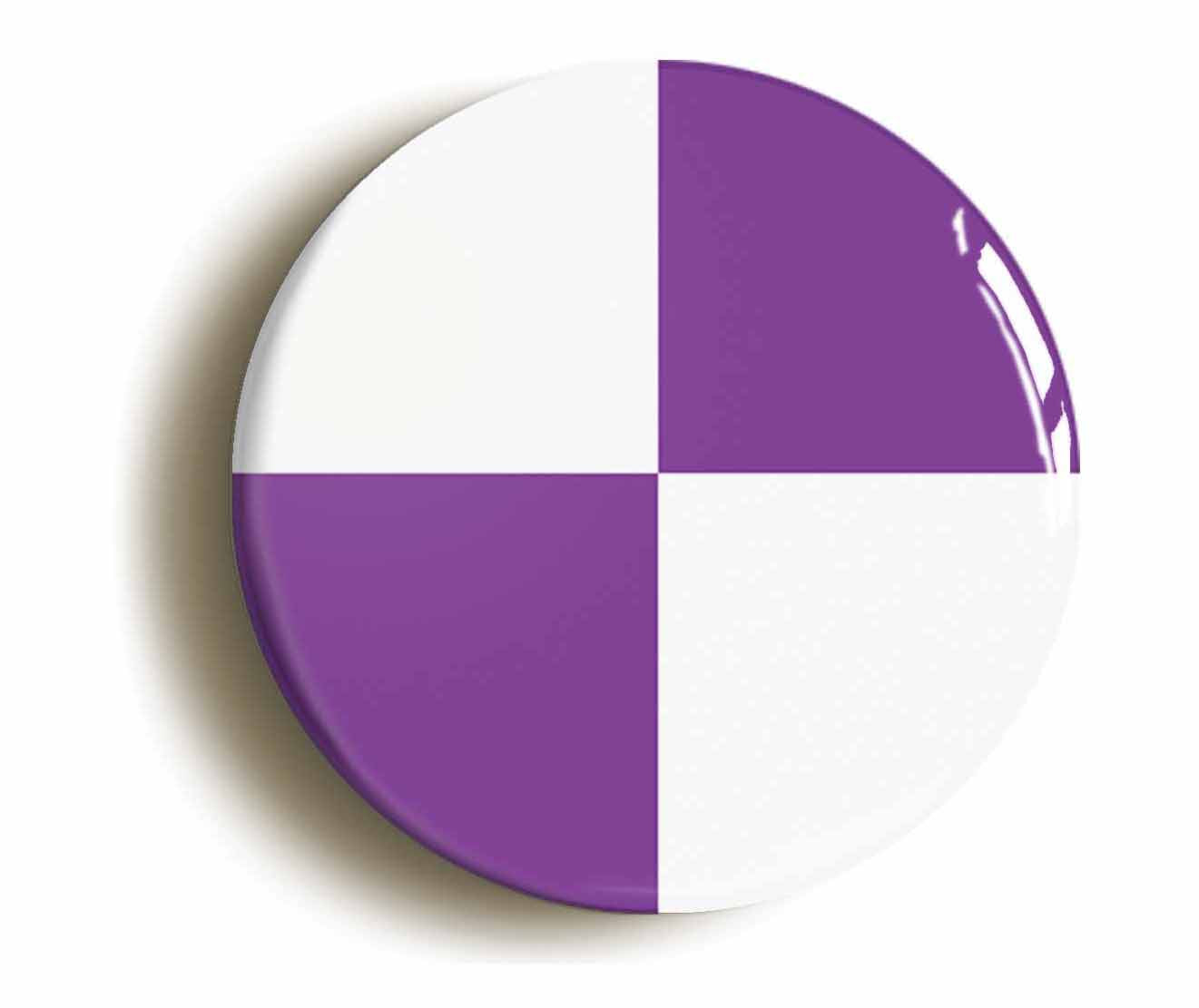A picture of the front of the product, titled Purple And White Quarters Flag Button Pin Badge