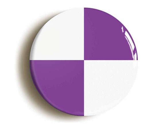 A picture of the front of the product, titled Purple And White Quarters Flag Button Pin Badge