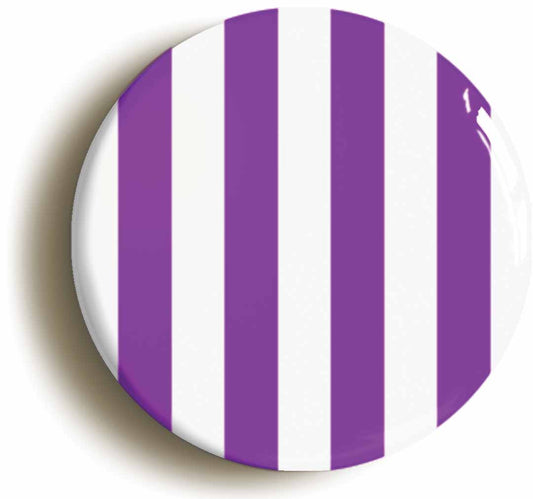 A picture of the front of the product, titled Purple And White Striped Button Pin Badge