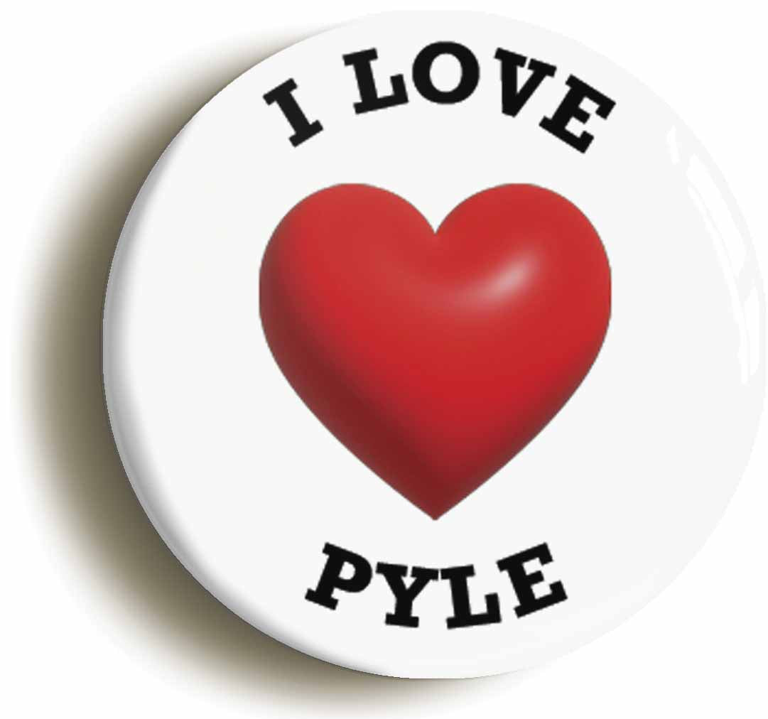 A picture of the front of the product, titled I Heart Love Pyle Location Button Pin Badge