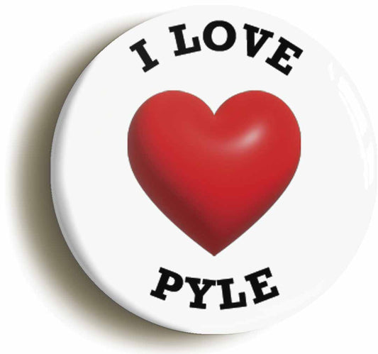 A picture of the front of the product, titled I Heart Love Pyle Location Circular 50mm Fridge Magnet