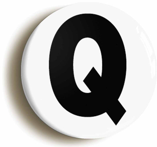 A picture of the front of the product, titled Letter Q Button Pin Badge