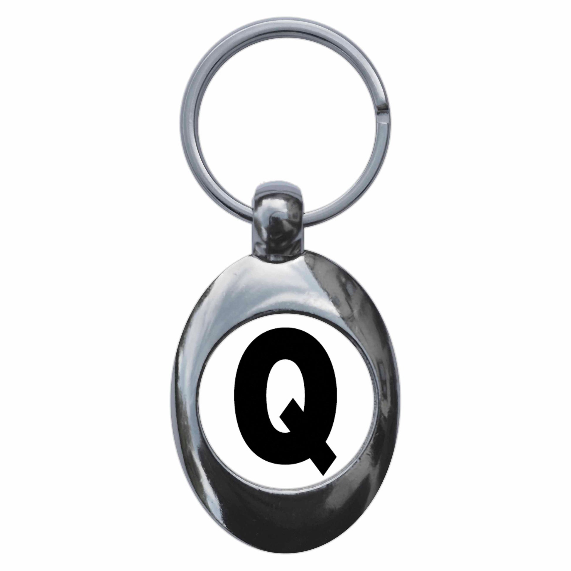 A picture of the front of the product, titled Letter Q Metal Keyring With Trolley Coin