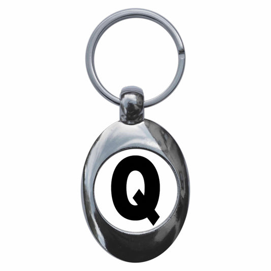 A picture of the front of the product, titled Letter Q Metal Keyring With Trolley Coin