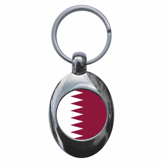 A picture of the front of the product, titled Qatar Qatari National Flag Metal Keyring With Trolley Coin