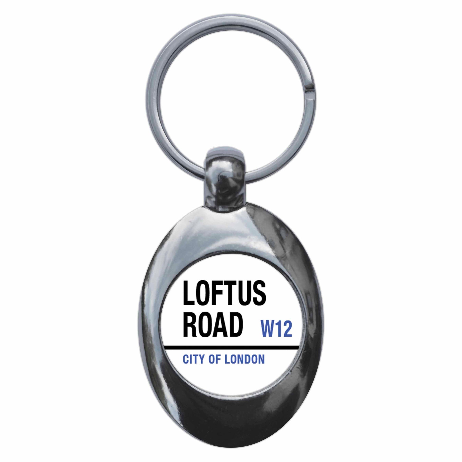 A picture of the front of the product, titled Loftus Road W12 City Of London Road Sign Metal Keyring With Trolley Coin