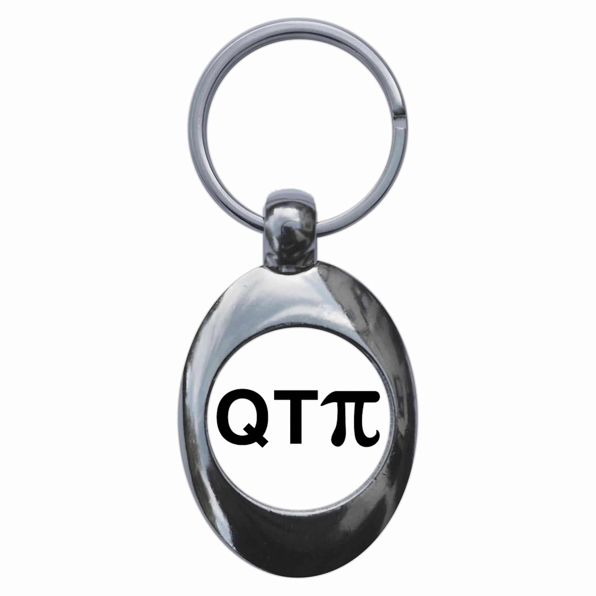 A picture of the front of the product, titled Q T Pi Cutiepie Geek Maths Nerd Metal Keyring With Trolley Coin