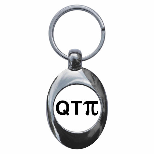 A picture of the front of the product, titled Q T Pi Cutiepie Geek Maths Nerd Metal Keyring With Trolley Coin