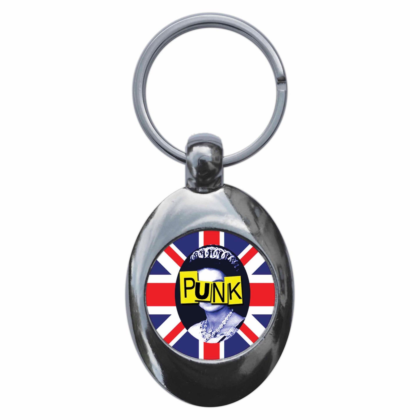 A picture of the front of the product, titled Queen Elizabeth Punk Metal Keyring With Trolley Coin