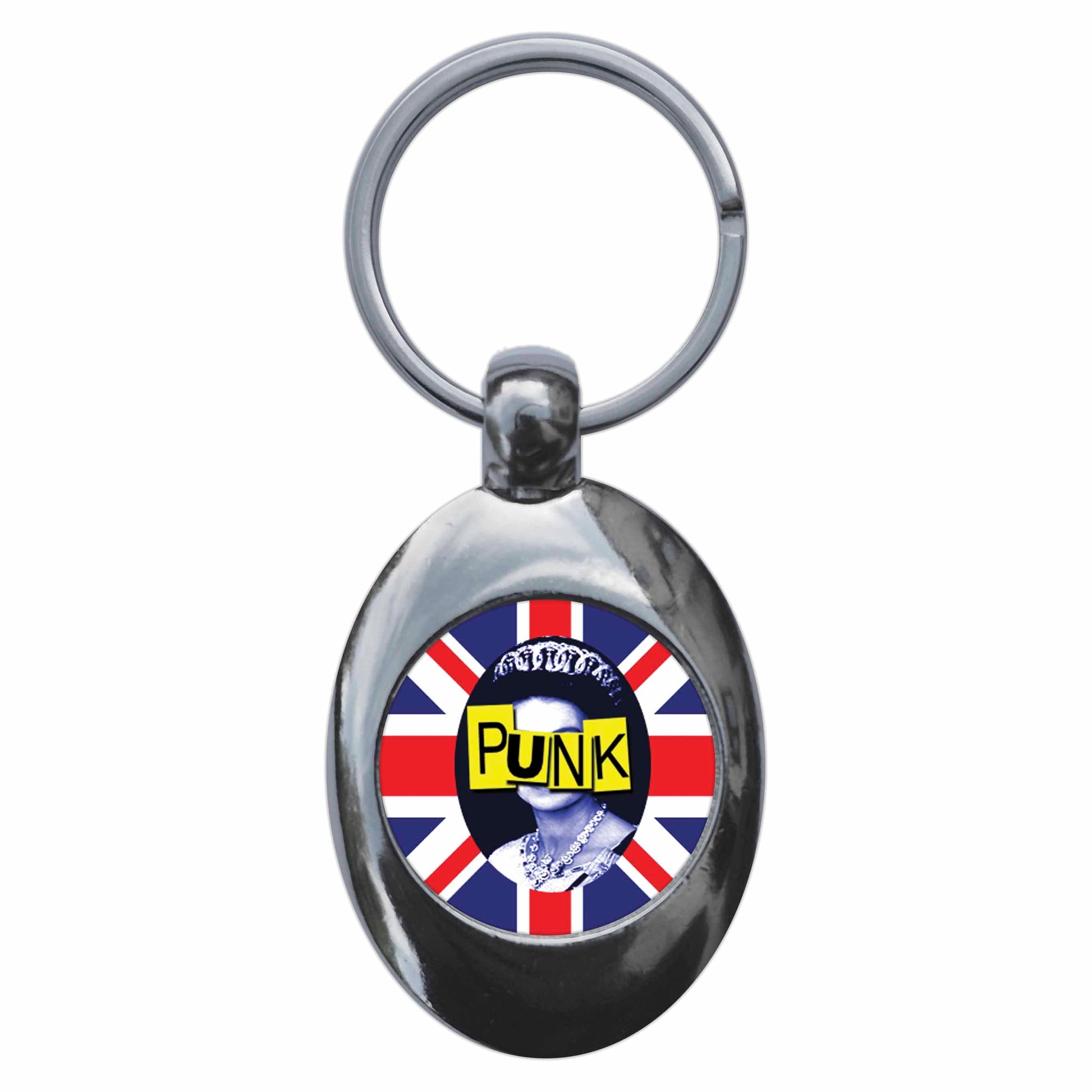 A picture of the front of the product, titled Queen Elizabeth Punk Metal Keyring With Trolley Coin