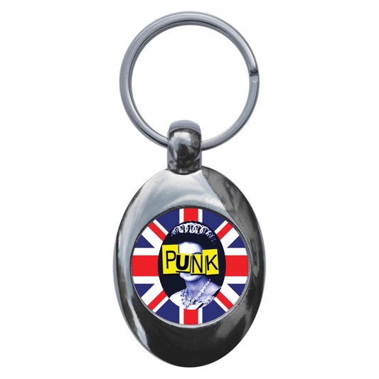 A picture of the front of the product, titled Queen Elizabeth Punk Metal Keyring With Trolley Coin