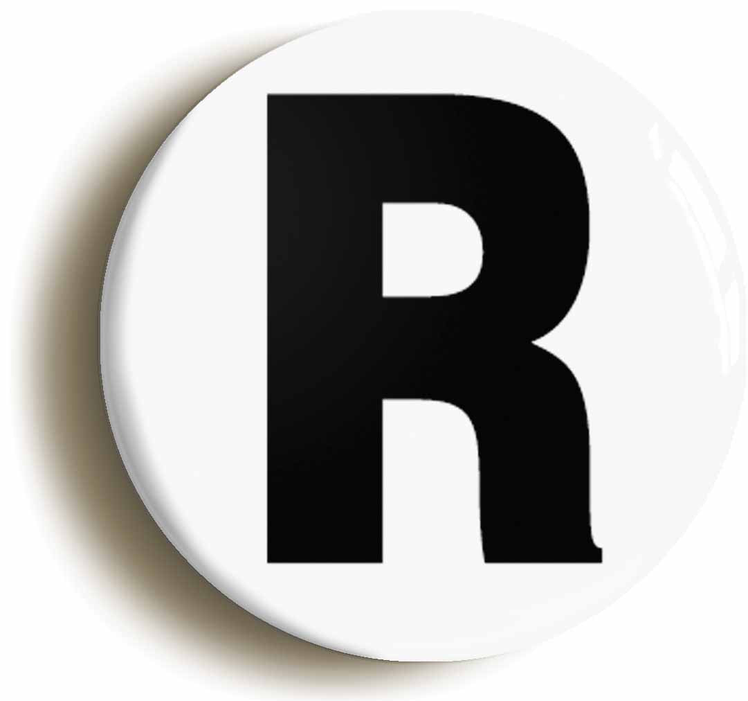 A picture of the front of the product, titled Letter R Button Pin Badge