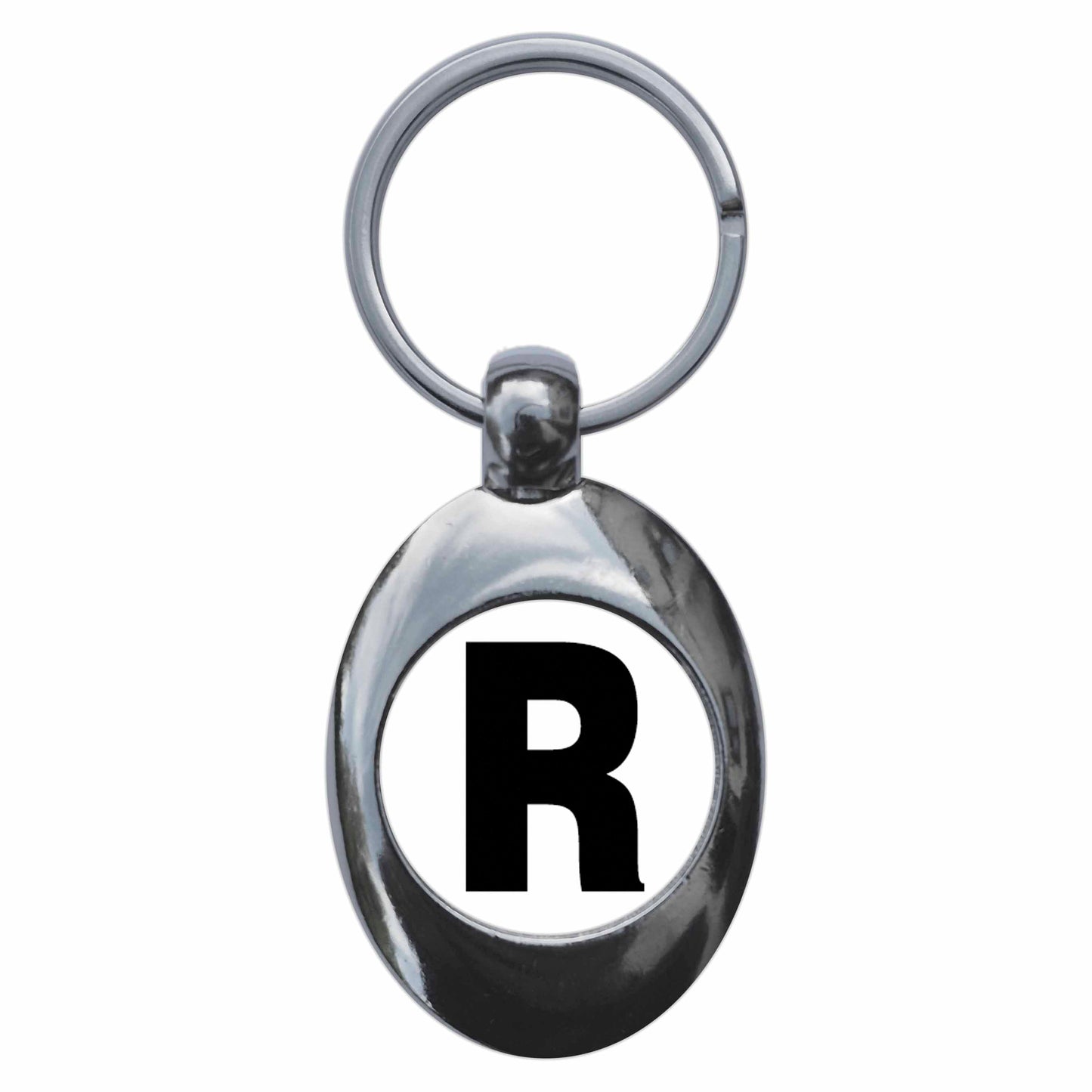 A picture of the front of the product, titled Letter R Metal Keyring With Trolley Coin