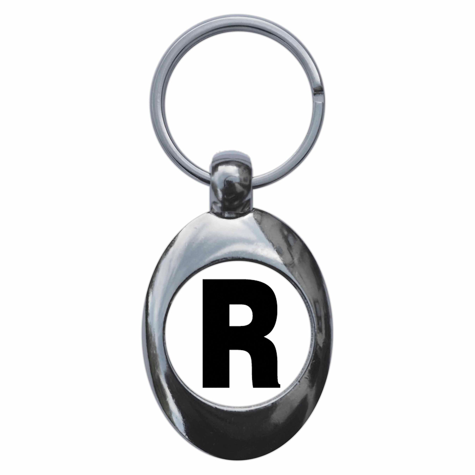 A picture of the front of the product, titled Letter R Metal Keyring With Trolley Coin