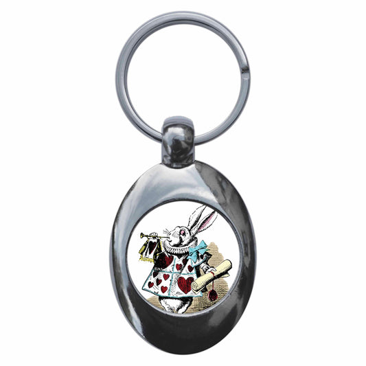 A picture of the front of the product, titled Queen Of Hearts Herald Alice In Wonderland Metal Keyring With Trolley Coin