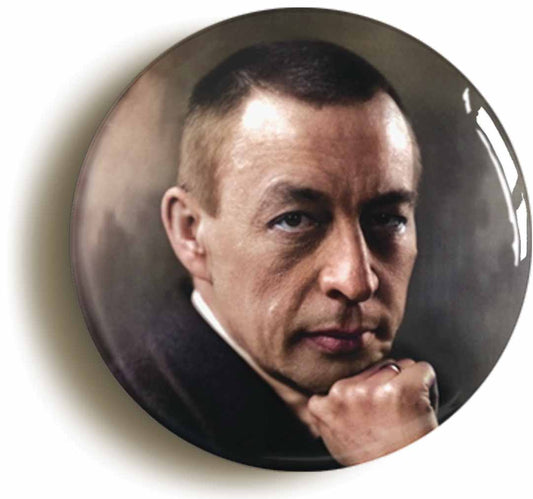 A picture of the front of the product, titled Sergei Rachmaninoff Romantic Classical Music Button Pin Badge