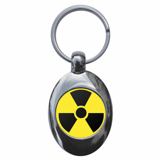 A picture of the front of the product, titled Radiation Hazard Metal Keyring With Trolley Coin