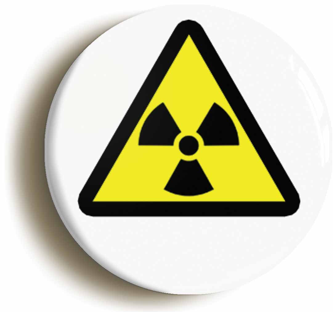 A picture of the front of the product, titled Radioactive Hazard Science Symbol Button Pin Badge