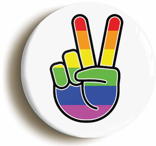 A picture of the front of the product, titled LGBT Pride Rainbow Flag Peace Sign V Button Pin Badge