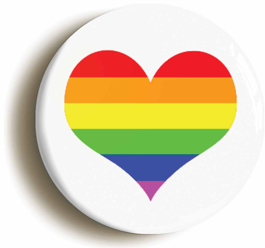 A picture of the front of the product, titled Rainbow Heart LGBT Gay Pride Love Button Pin Badge