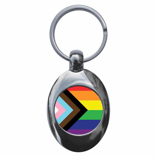 A picture of the front of the product, titled Progressive Diversity Pride Flag Metal Keyring With Trolley Coin