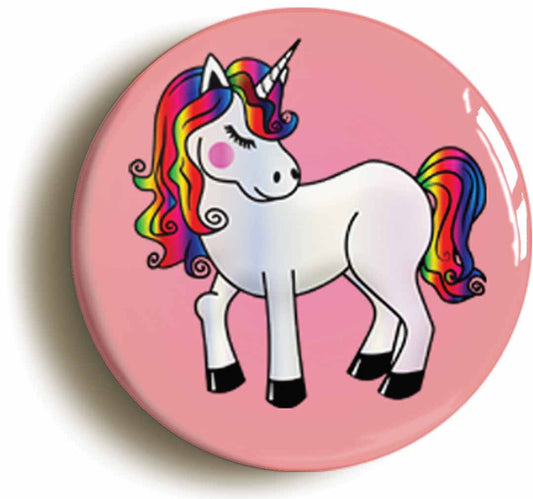 A picture of the front of the product, titled Rainbow Unicorn Cute Button Pin Badge
