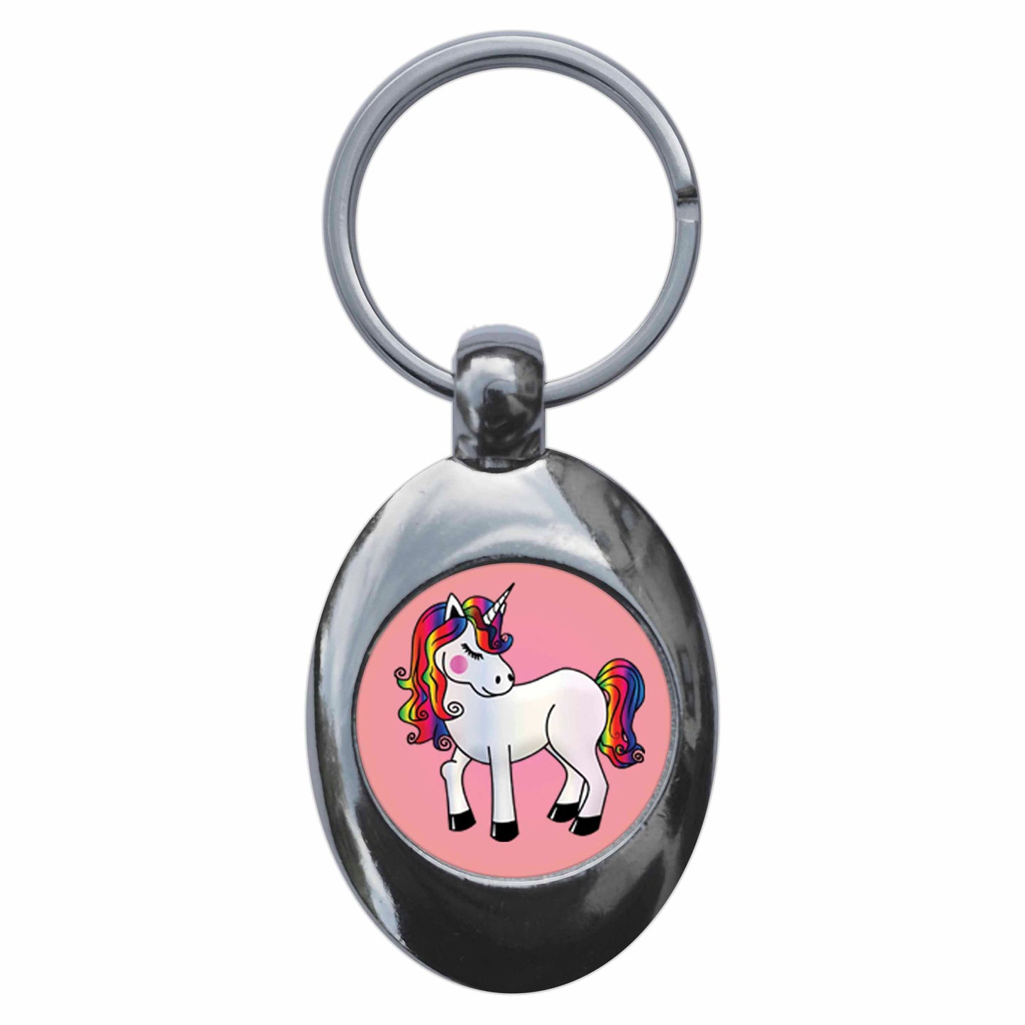 A picture of the front of the product, titled Rainbow Unicorn Metal Keyring With Trolley Coin
