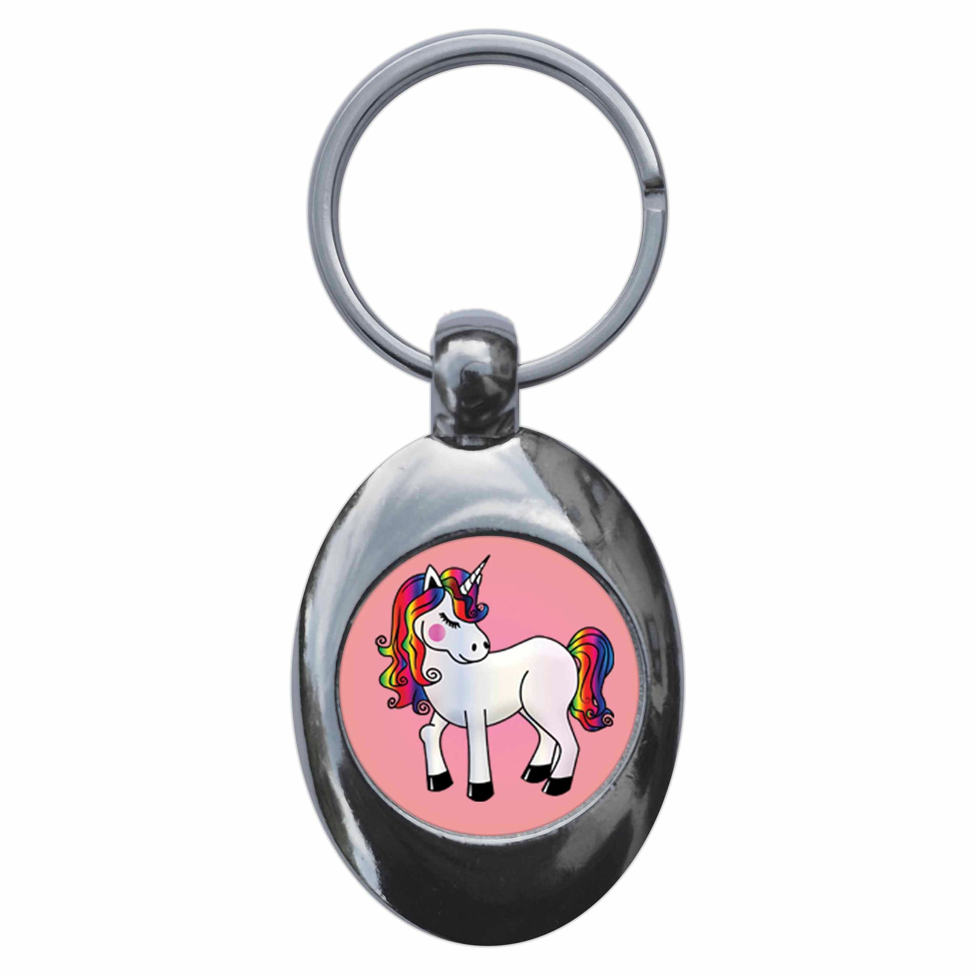 A picture of the front of the product, titled Rainbow Unicorn Metal Keyring With Trolley Coin